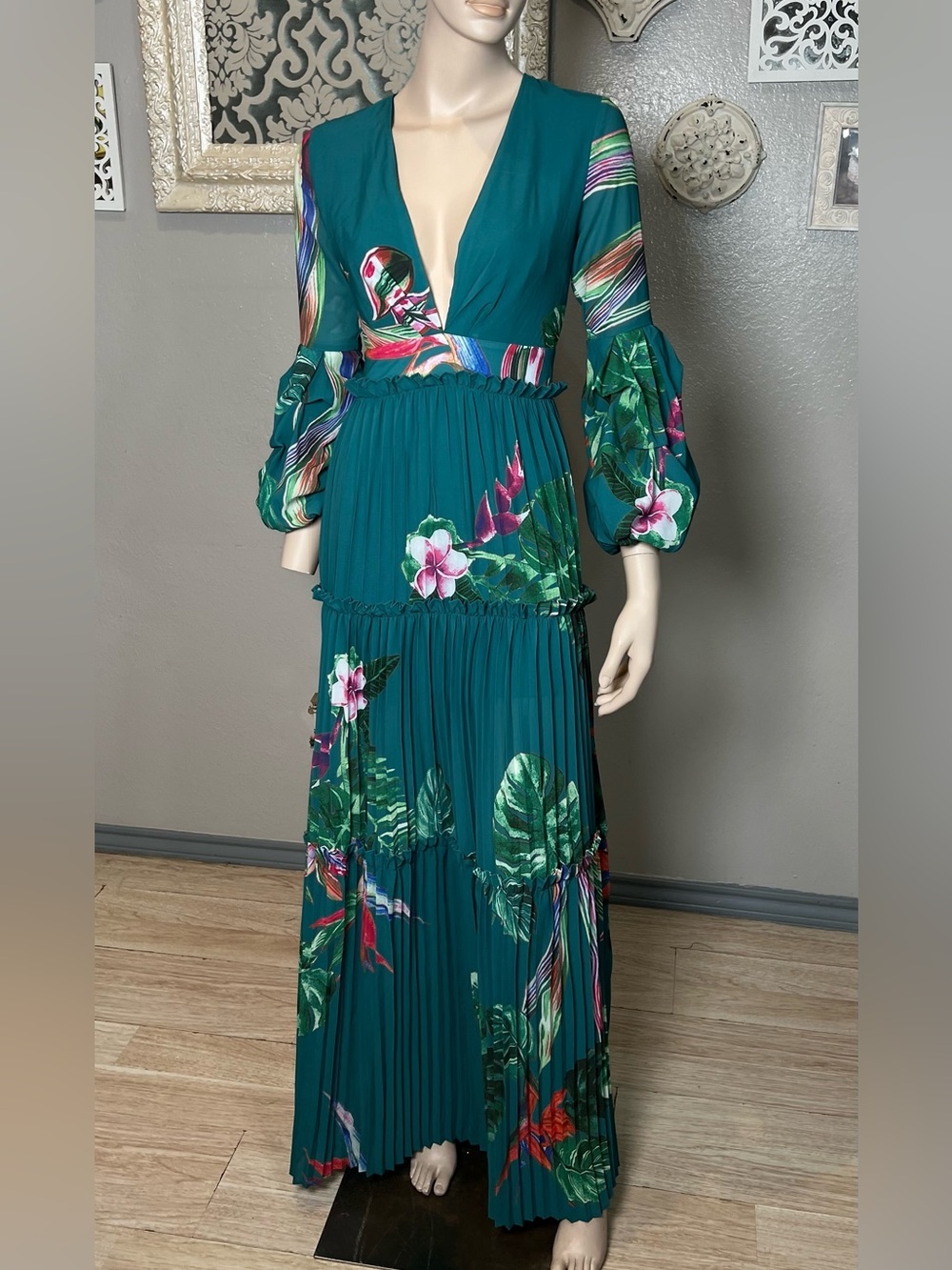 Banjul Teal Tropical Floral V-Neck Maxi Dress - Picture 5 of 15